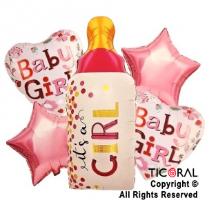 SET DE GLOBOS METALIZADO BABY GIRL MAMADERA ROSA 5 UNIDADES X 1